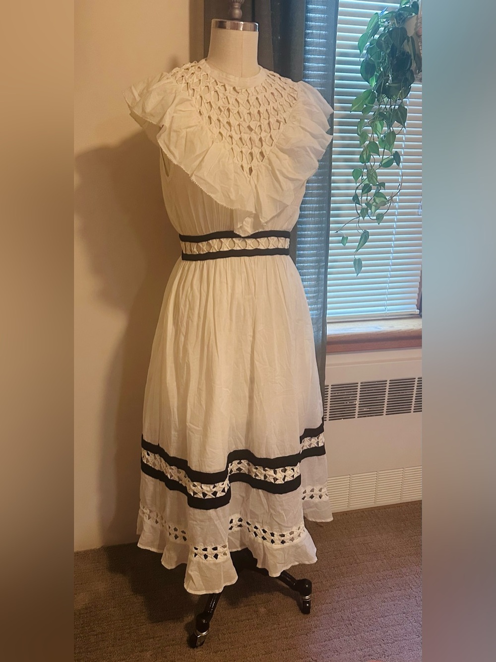 NWT Self Contrast White Ruffled Midi Dress with Cutouts and Black Trim